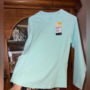 NEW NWT HODO SPORTS Small Aqua Long Sleeve Sun 50+ Swim Women's Top. w/pockets